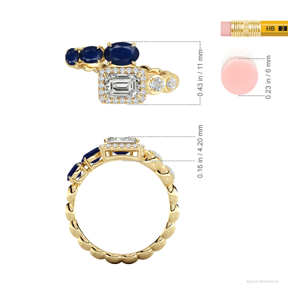 6x4mm A Oval Blue Sapphire and Emerald-Cut Diamond Open Ring in Yellow Gold ruler