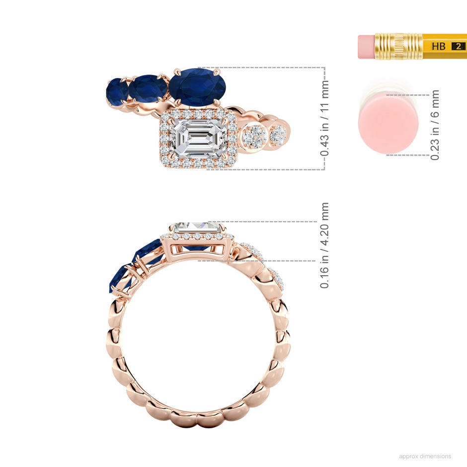 6x4mm AA Oval Blue Sapphire and Emerald-Cut Diamond Open Ring in Rose Gold ruler