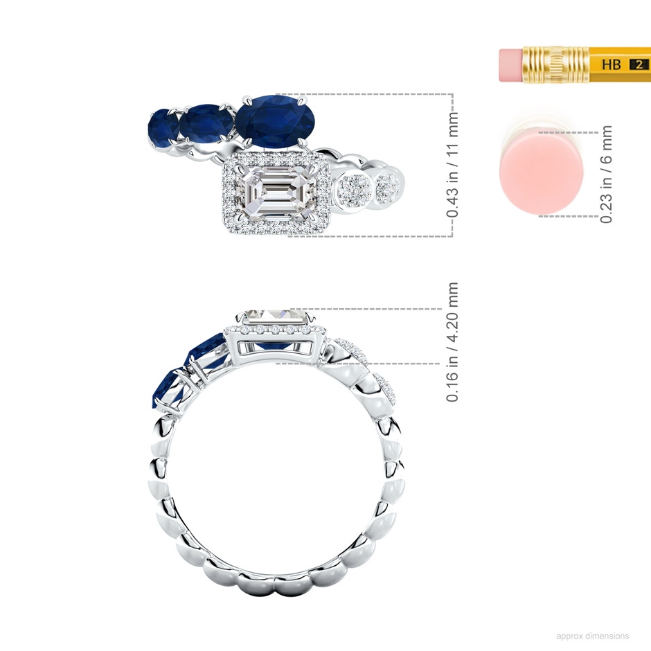6x4mm AA Oval Blue Sapphire and Emerald-Cut Diamond Open Ring in White Gold ruler