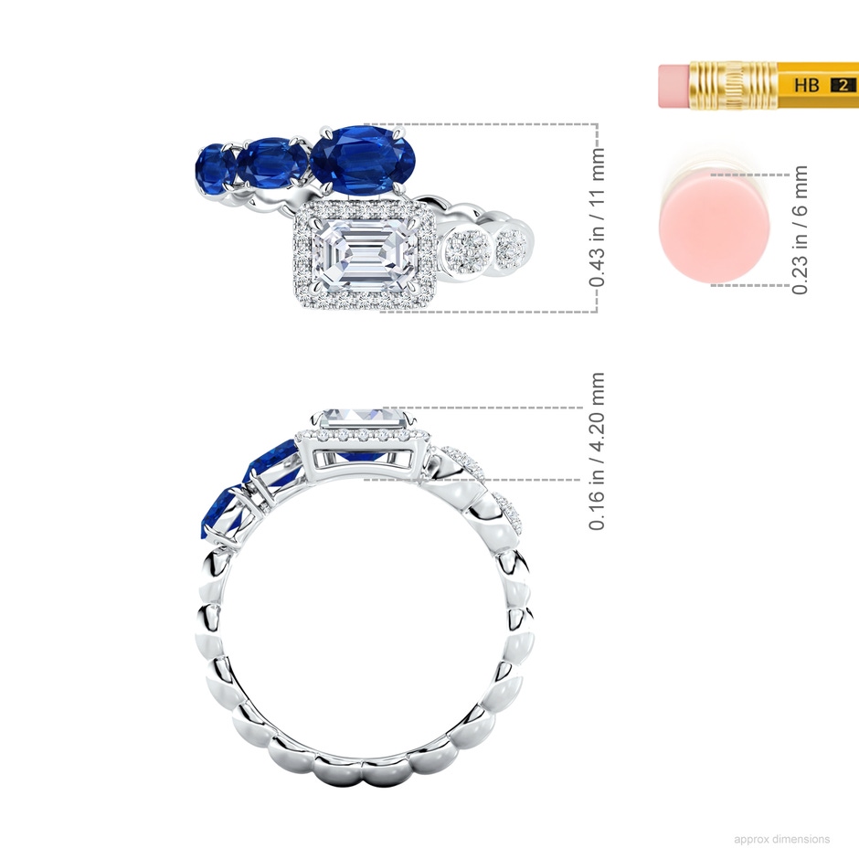 6x4mm AAA Oval Blue Sapphire and Emerald-Cut Diamond Open Ring in White Gold ruler