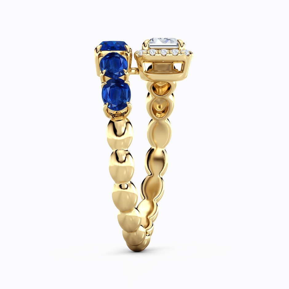 6x4mm AAA Oval Blue Sapphire and Emerald-Cut Diamond Open Ring in Yellow Gold side 299