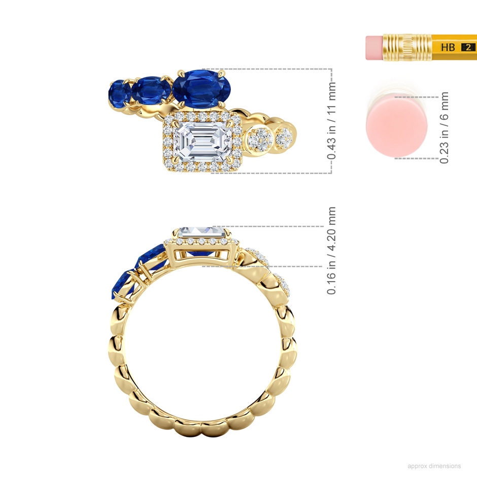 6x4mm AAA Oval Blue Sapphire and Emerald-Cut Diamond Open Ring in Yellow Gold ruler