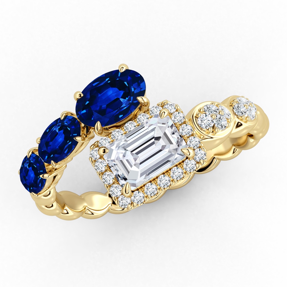 6x4mm AAAA Oval Blue Sapphire and Emerald-Cut Diamond Open Ring in Yellow Gold 