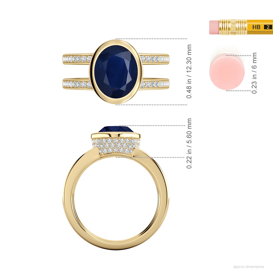 10x8mm A Bezel-Set Oval Blue Sapphire Dual Shank Ring with Accents in Yellow Gold ruler