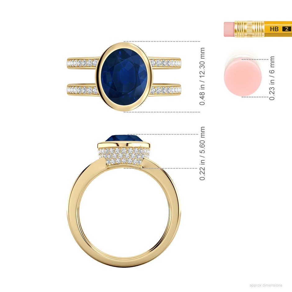 10x8mm AA Bezel-Set Oval Blue Sapphire Dual Shank Ring with Accents in Yellow Gold ruler
