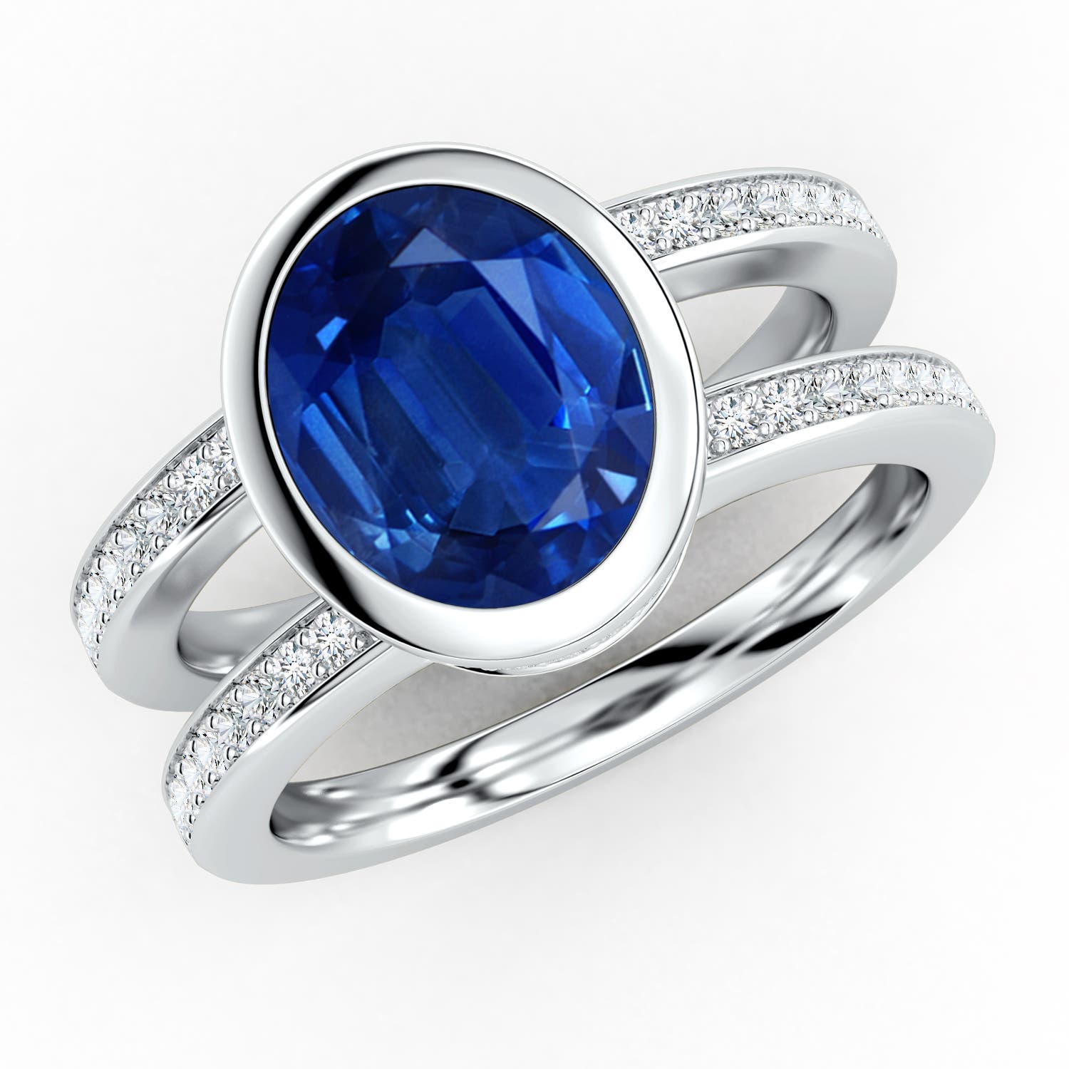 10x8mm AAA Bezel-Set Oval Blue Sapphire Dual Shank Ring with Accents in White Gold