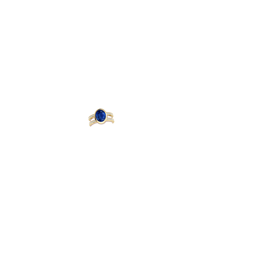10x8mm AAA Bezel-Set Oval Blue Sapphire Dual Shank Ring with Accents in Yellow Gold hand