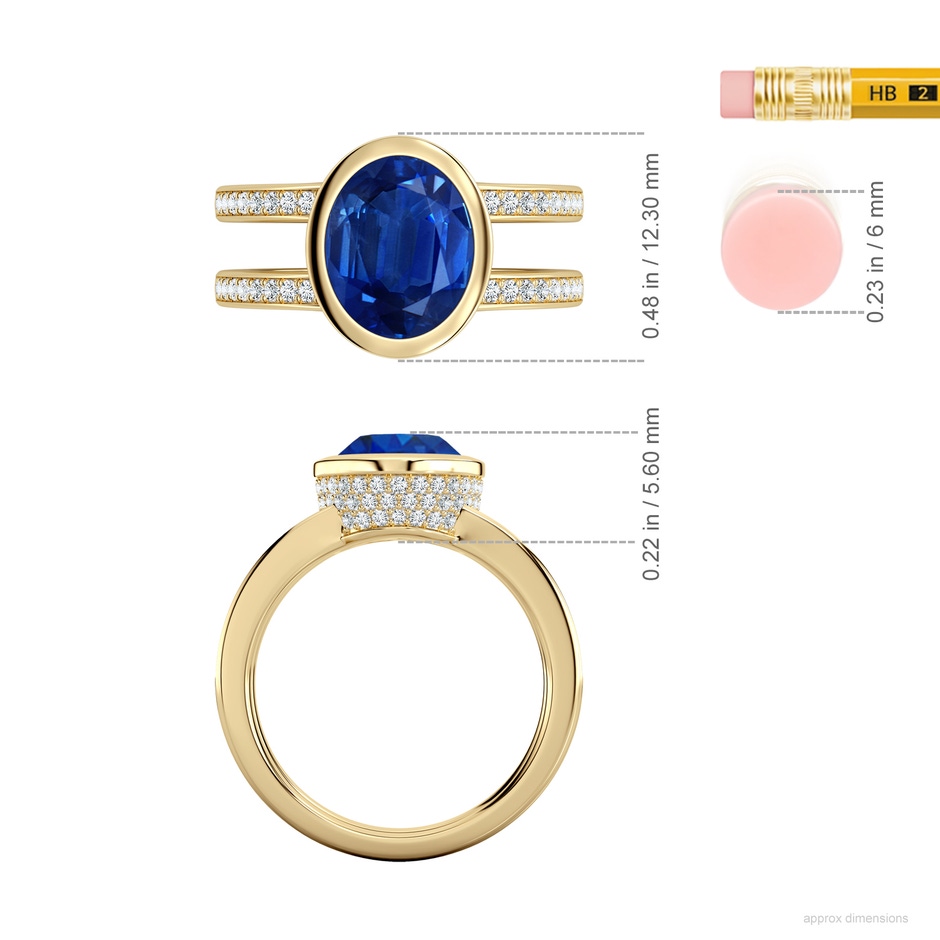10x8mm AAA Bezel-Set Oval Blue Sapphire Dual Shank Ring with Accents in Yellow Gold ruler