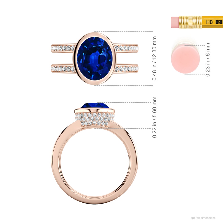 10x8mm AAAA Bezel-Set Oval Blue Sapphire Dual Shank Ring with Accents in Rose Gold ruler