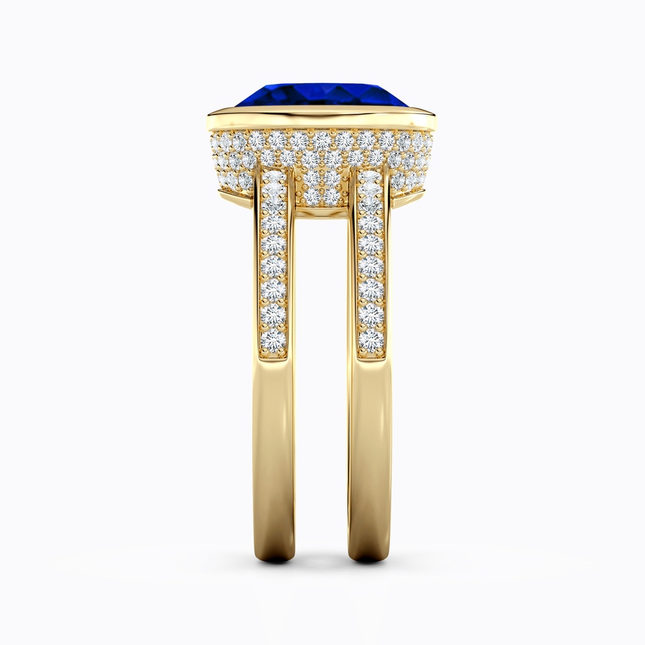 10x8mm AAAA Bezel-Set Oval Blue Sapphire Dual Shank Ring with Accents in Yellow Gold side 299