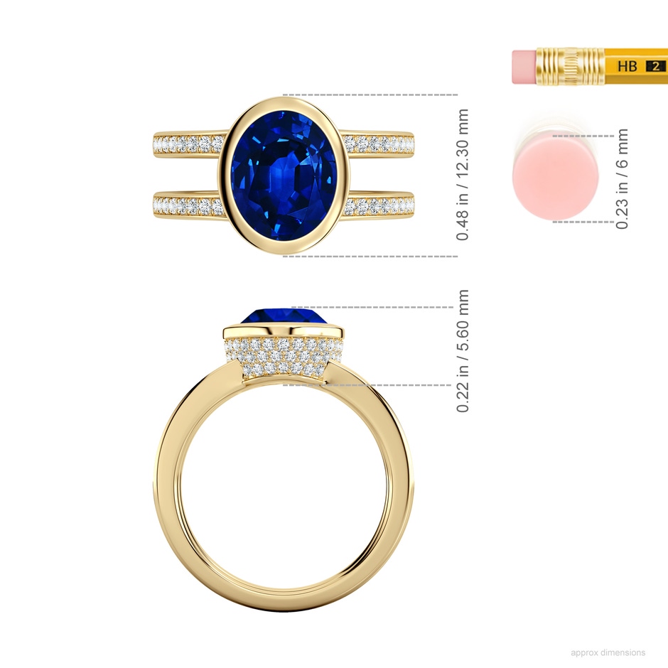 10x8mm AAAA Bezel-Set Oval Blue Sapphire Dual Shank Ring with Accents in Yellow Gold ruler