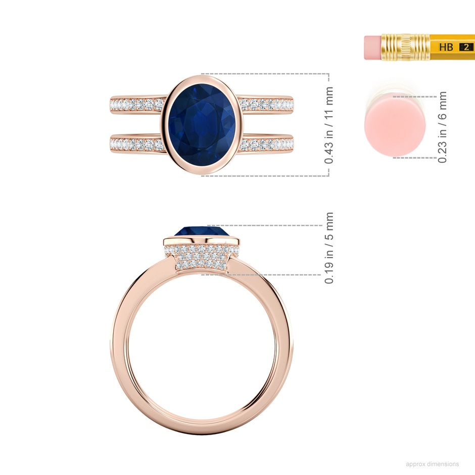 9x7mm AA Bezel-Set Oval Blue Sapphire Dual Shank Ring with Accents in Rose Gold ruler