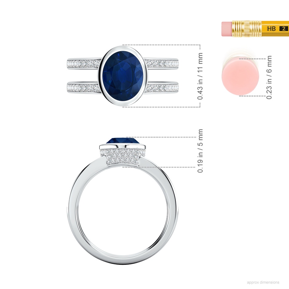 9x7mm AA Bezel-Set Oval Blue Sapphire Dual Shank Ring with Accents in White Gold ruler