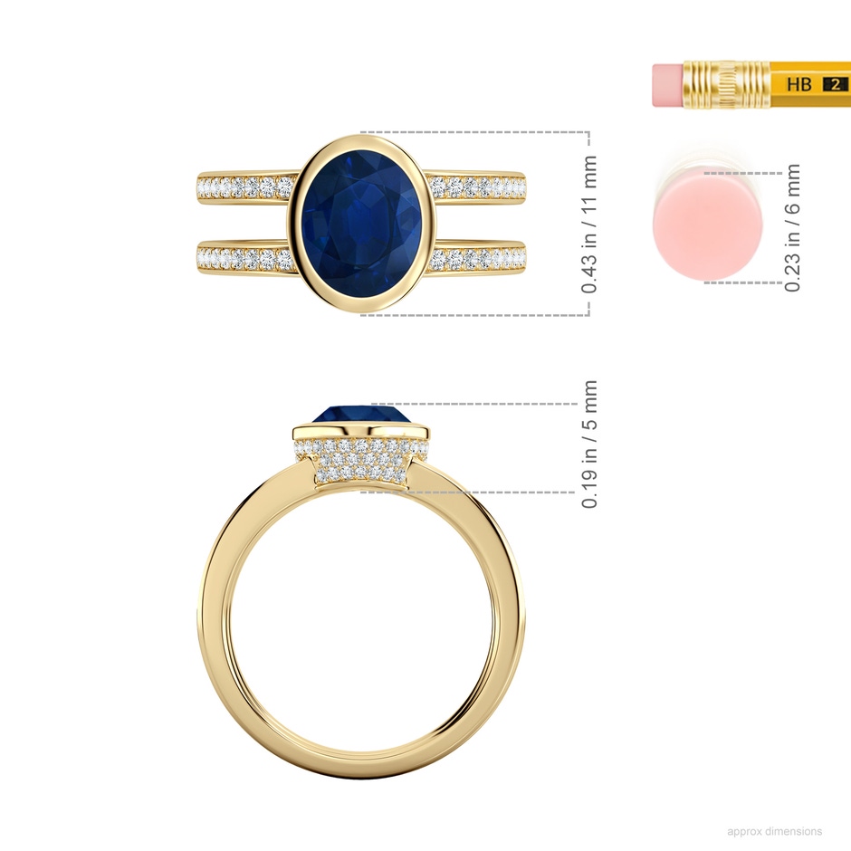 9x7mm AA Bezel-Set Oval Blue Sapphire Dual Shank Ring with Accents in Yellow Gold ruler