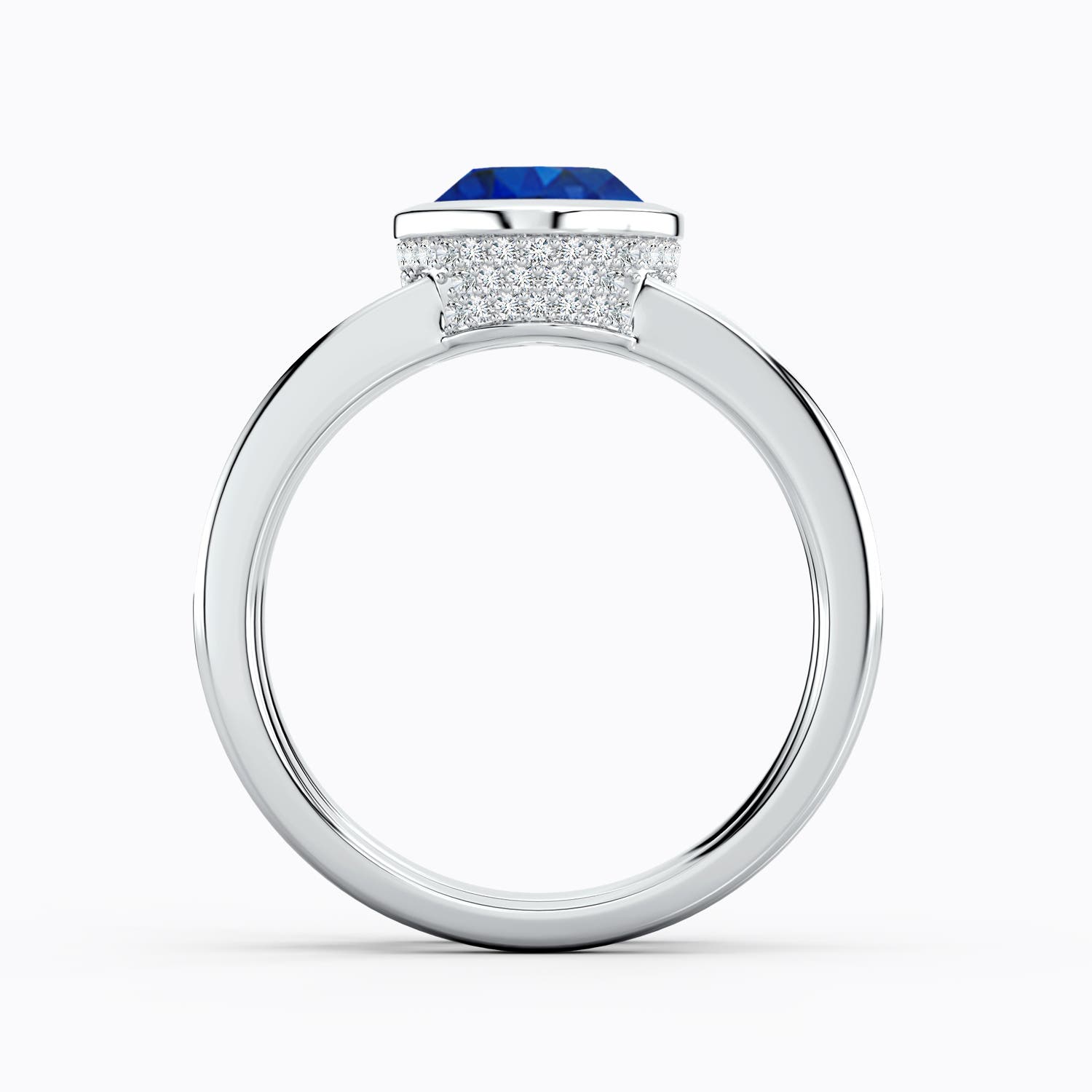 9x7mm AAA Bezel-Set Oval Blue Sapphire Dual Shank Ring with Accents in White Gold - side 2