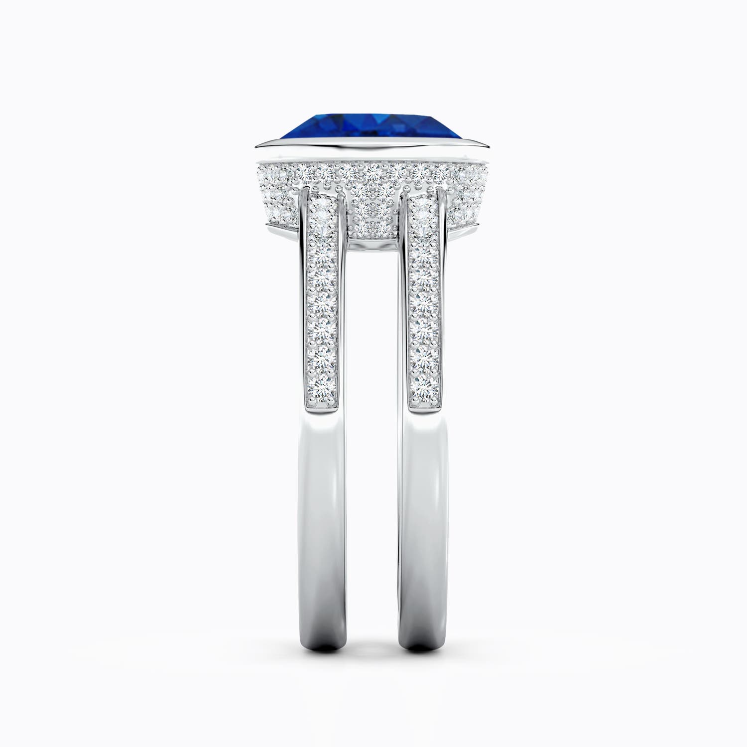 9x7mm AAA Bezel-Set Oval Blue Sapphire Dual Shank Ring with Accents in White Gold - side 3