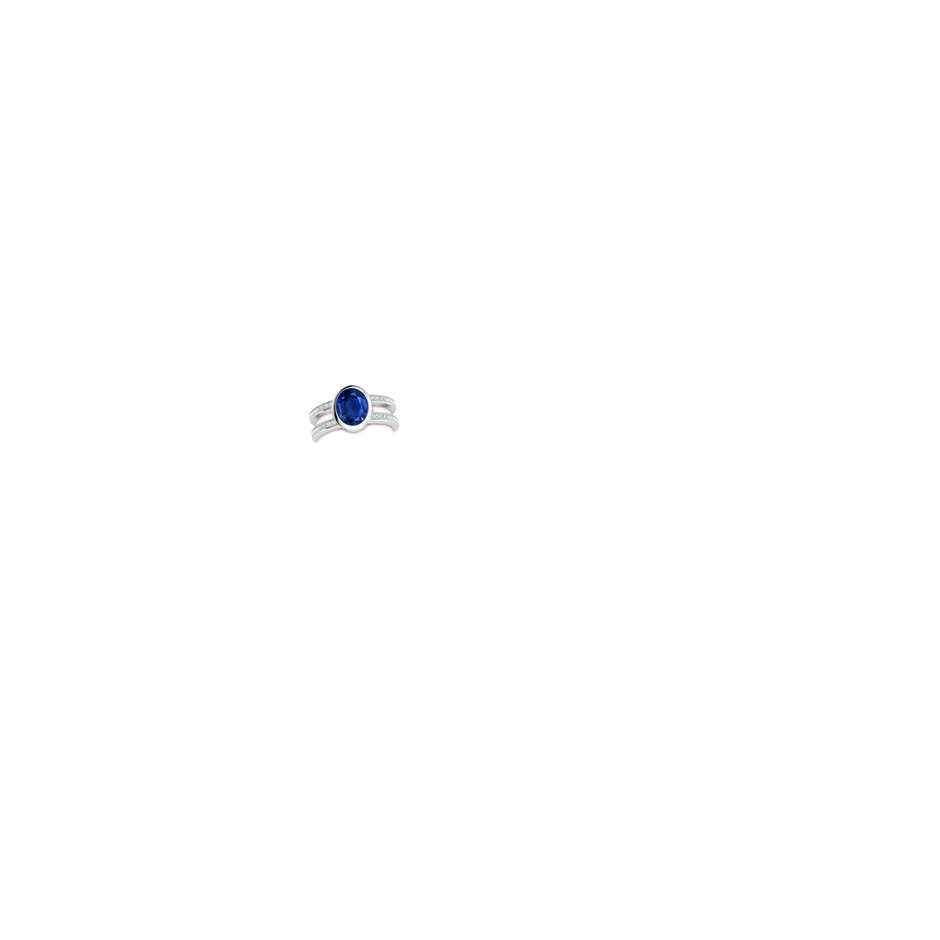 9x7mm AAA Bezel-Set Oval Blue Sapphire Dual Shank Ring with Accents in White Gold hand