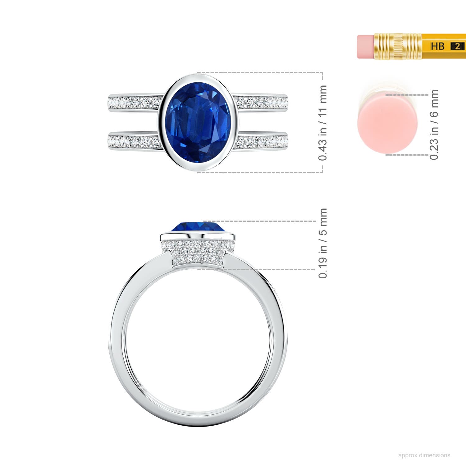 9x7mm AAA Bezel-Set Oval Blue Sapphire Dual Shank Ring with Accents in White Gold - ruler