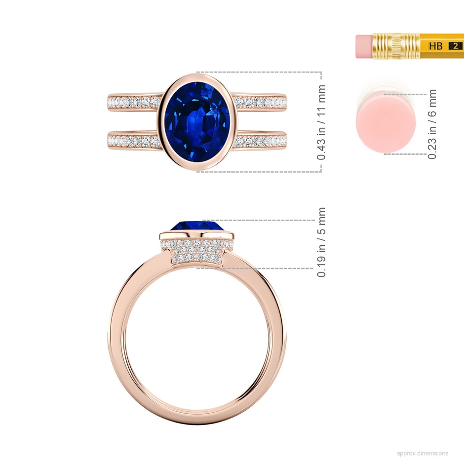 9x7mm AAAA Bezel-Set Oval Blue Sapphire Dual Shank Ring with Accents in Rose Gold ruler
