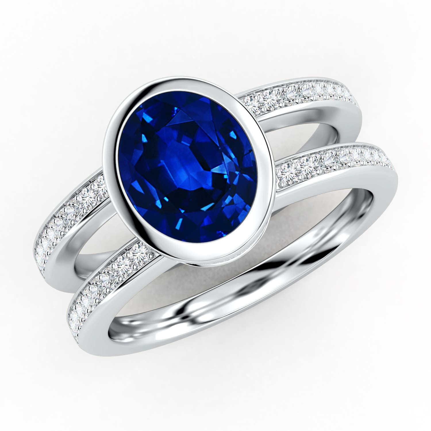 9x7mm AAAA Bezel-Set Oval Blue Sapphire Dual Shank Ring with Accents in White Gold