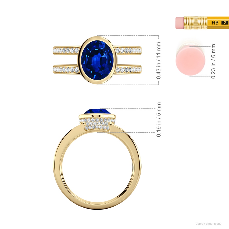 9x7mm AAAA Bezel-Set Oval Blue Sapphire Dual Shank Ring with Accents in Yellow Gold ruler