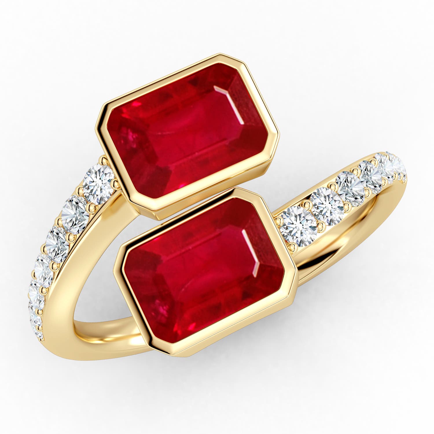 7x5mm AAA Emerald-Cut Ruby Two Stone Bypass Ring in Yellow Gold
