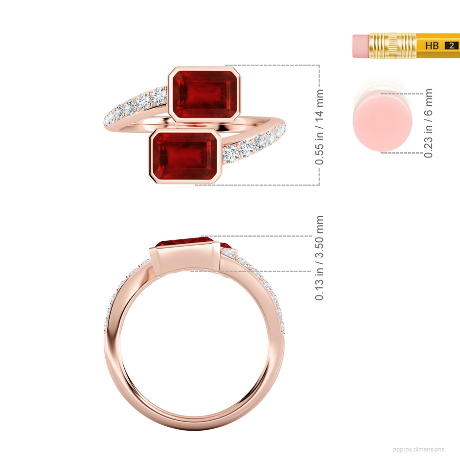 7x5mm AAAA Emerald-Cut Ruby Two Stone Bypass Ring in Rose Gold ruler