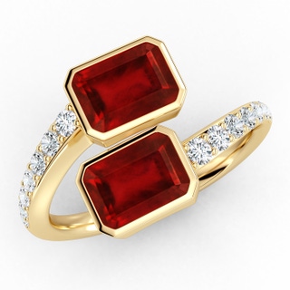 7x5mm AAAA Emerald-Cut Ruby Two Stone Bypass Ring in Yellow Gold