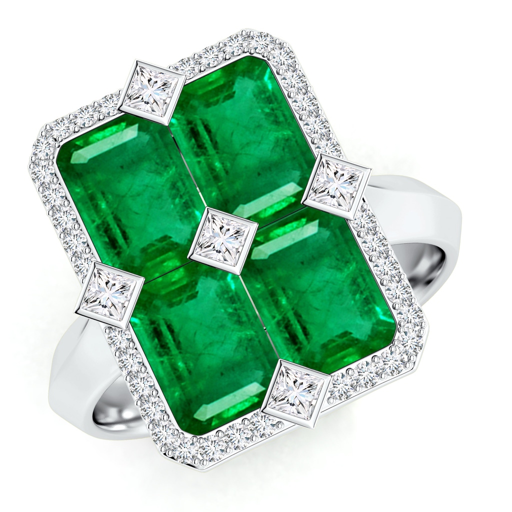 7x5mm AAA Pressure-Set Emerald-Cut Emerald Geometric Halo Ring in White Gold