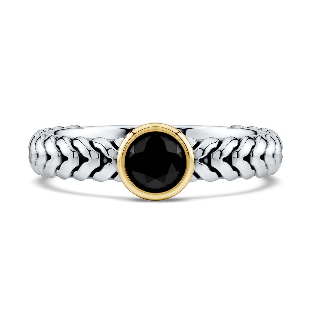 5mm AA Oxidized Sterling Silver and 18K Yellow Gold Round Enhanced Black Diamond Solitaire Ring in  Sterling Silver & 18K Yellow Gold