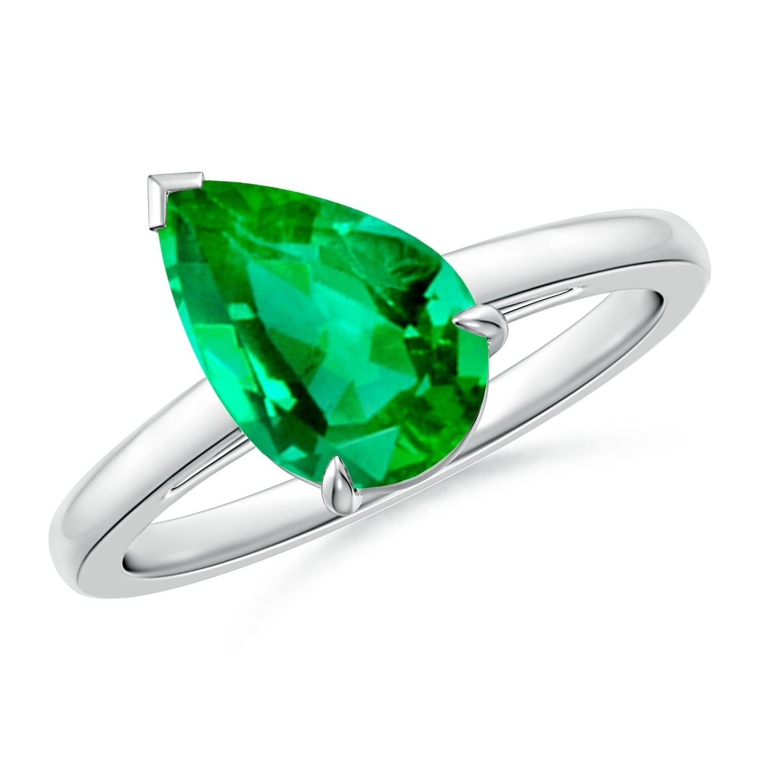 10x8mm AAA Claw-Set Tilted Pear Emerald Solitaire Engagement Ring in White Gold