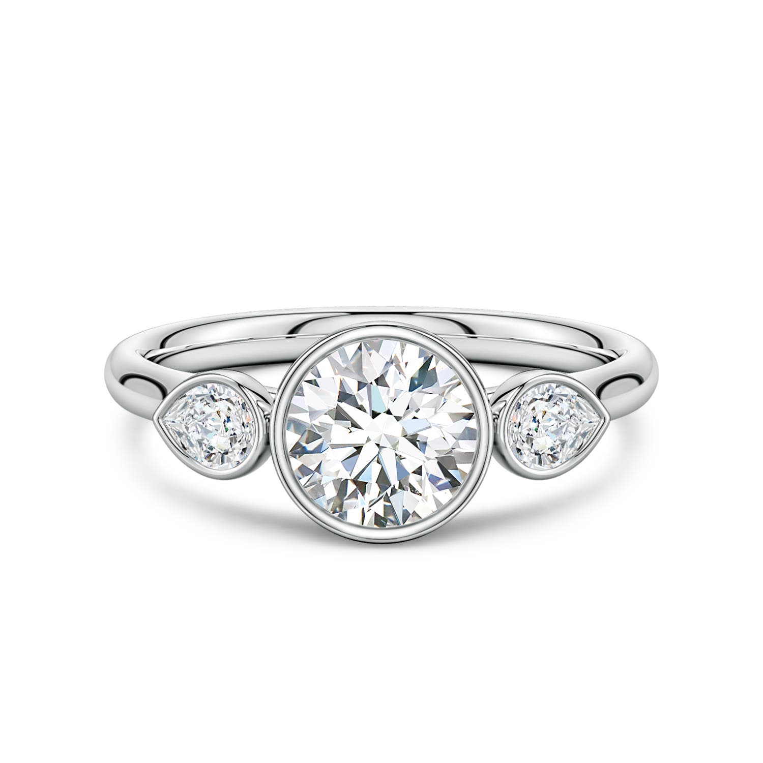 6.4mm GVS2 Bezel-Set Round and Pear Diamond Three-Stone Engagement Ring in P950 Platinum
