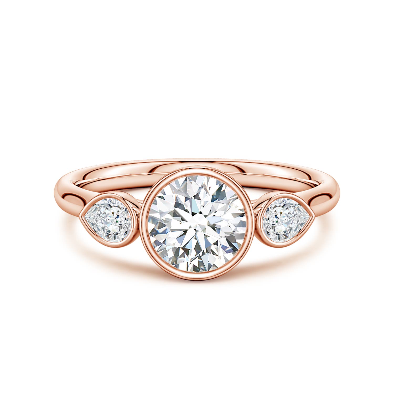 6.4mm GVS2 Bezel-Set Round and Pear Diamond Three-Stone Engagement Ring in Rose Gold
