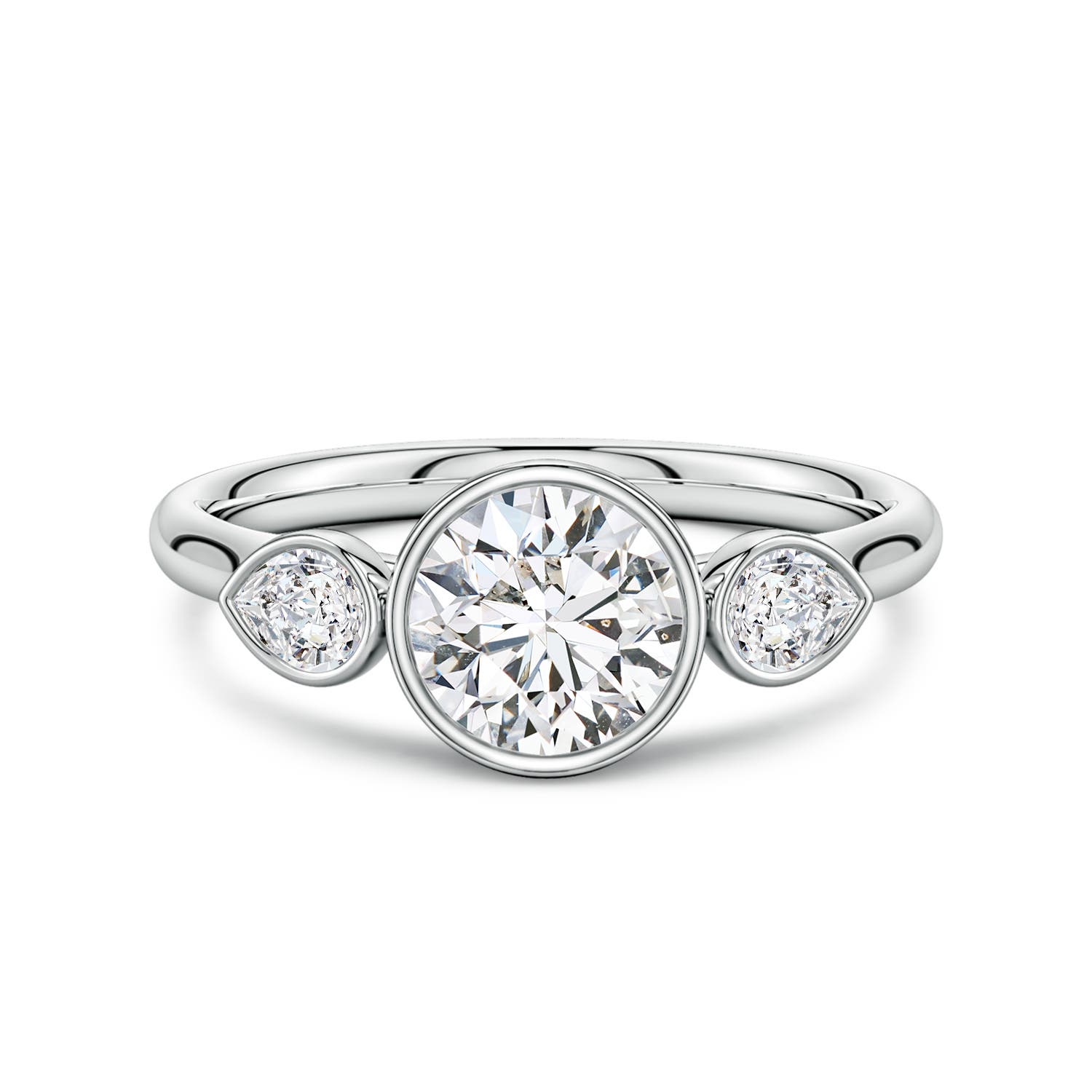 6.4mm HSI2 Bezel-Set Round and Pear Diamond Three-Stone Engagement Ring in 18K White Gold