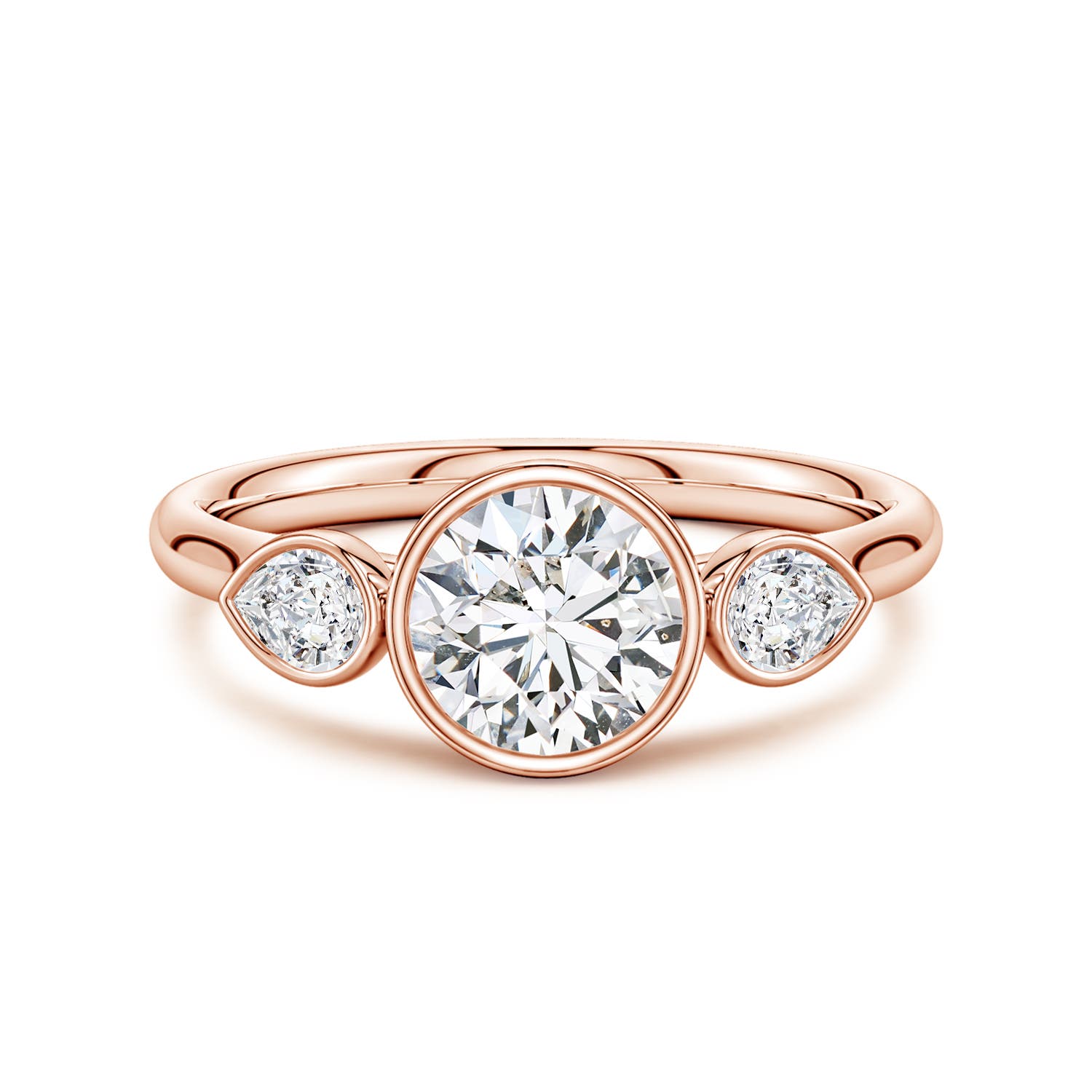 6.4mm HSI2 Bezel-Set Round and Pear Diamond Three-Stone Engagement Ring in Rose Gold
