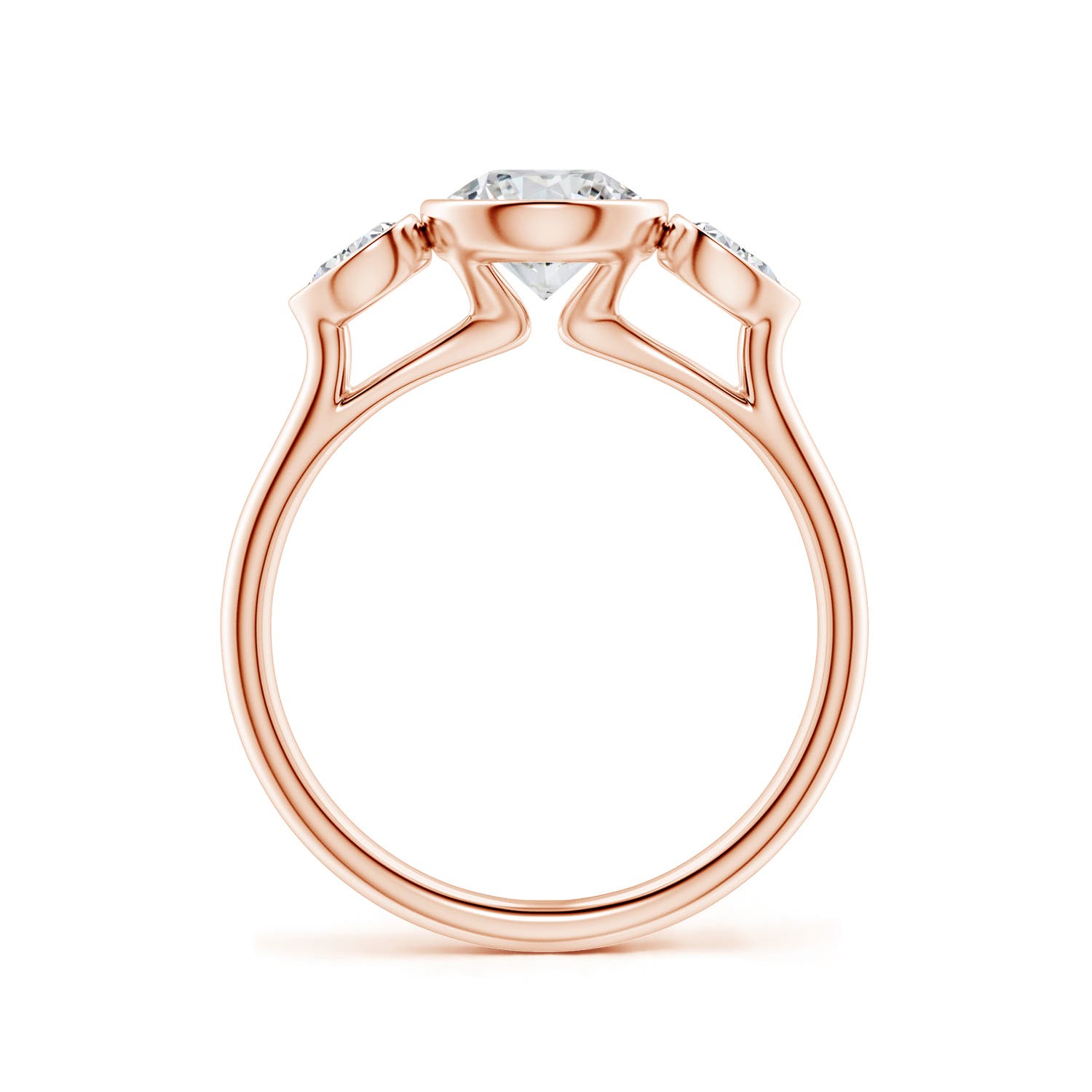 6.4mm HSI2 Bezel-Set Round and Pear Diamond Three-Stone Engagement Ring in Rose Gold