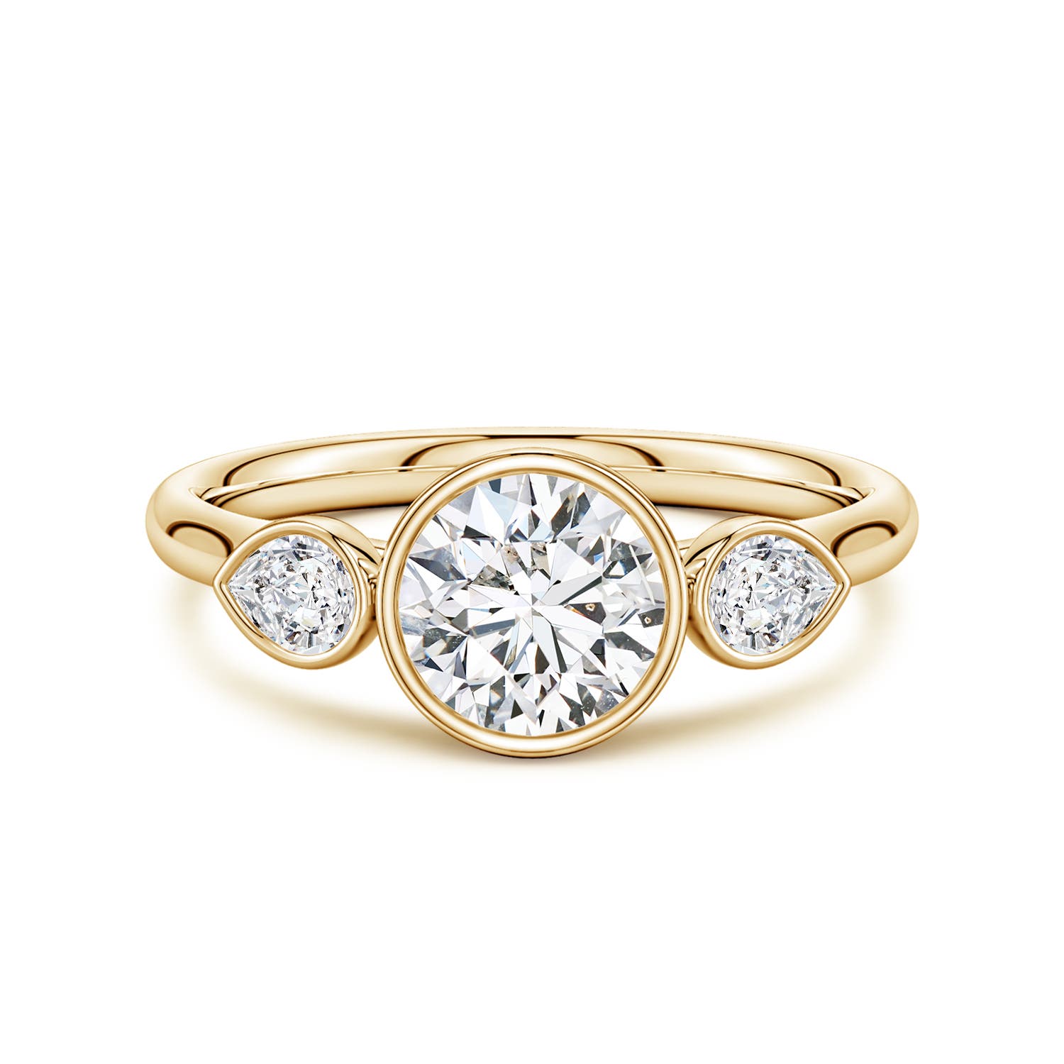 6.4mm HSI2 Bezel-Set Round and Pear Diamond Three-Stone Engagement Ring in Yellow Gold