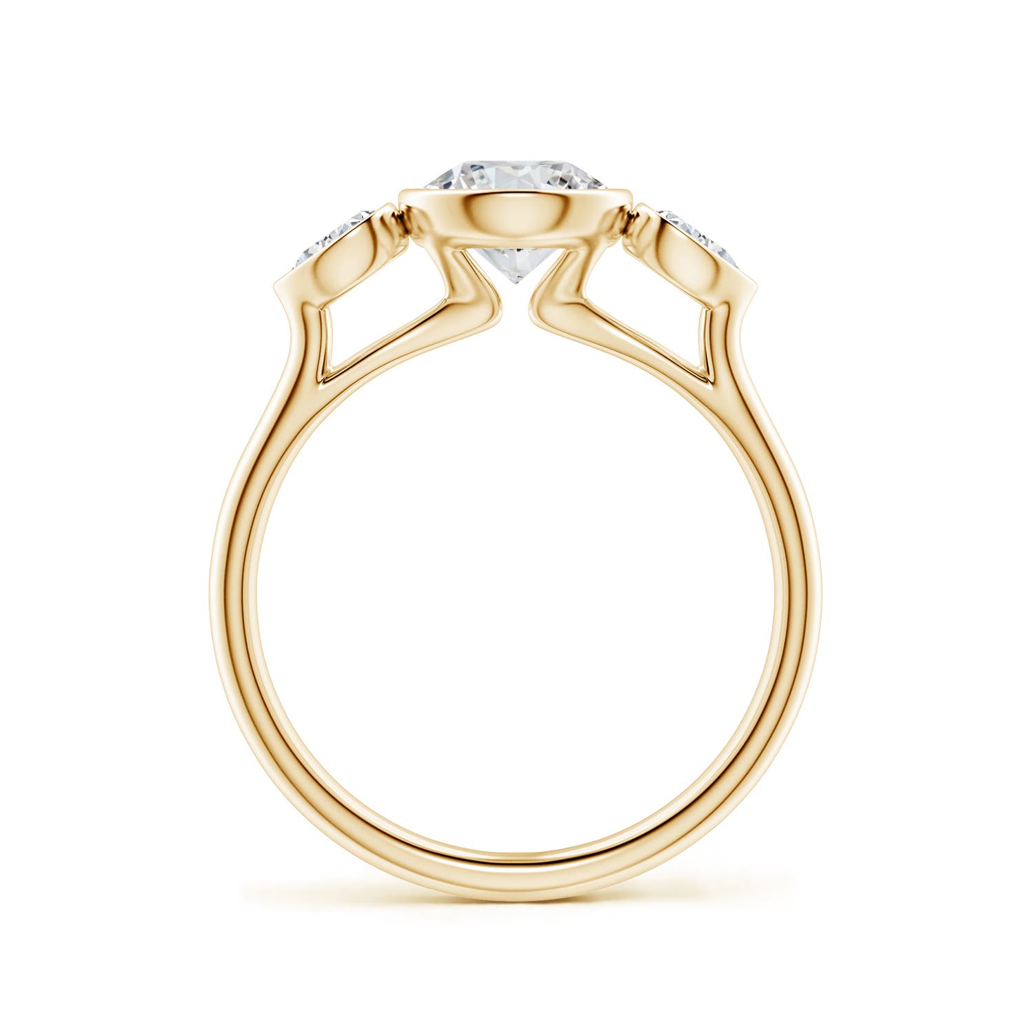 6.4mm HSI2 Bezel-Set Round and Pear Diamond Three-Stone Engagement Ring in Yellow Gold