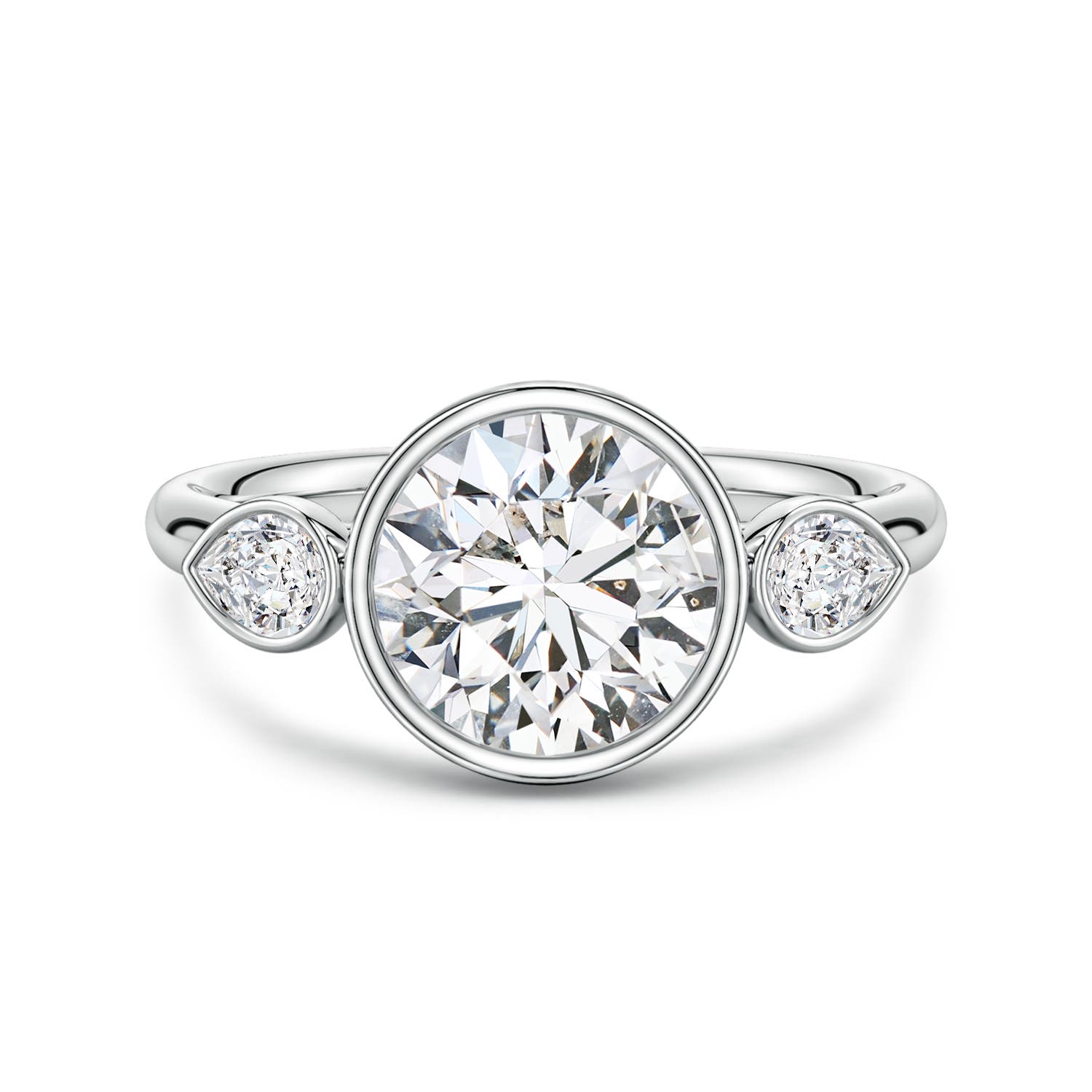 8.1mm HSI2 Bezel-Set Round and Pear Diamond Three-Stone Engagement Ring in White Gold