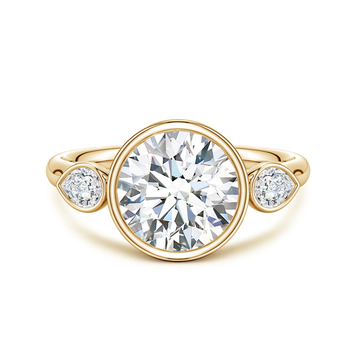 Angara 3.3 CTW Bezel-Set Round and Pear Diamond Three-Stone Engagement Ring in 18K Yellow Gold