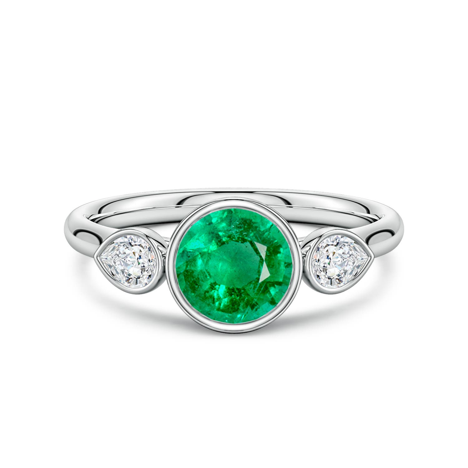 6.5mm AAA Bezel-Set Round Emerald and Pear Diamond Three-Stone Engagement Ring in White Gold