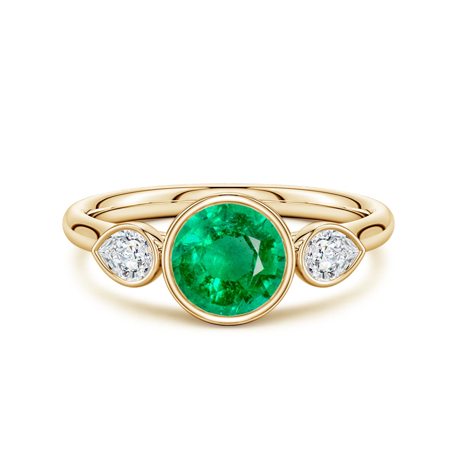6.5mm AAA Bezel-Set Round Emerald and Pear Diamond Three-Stone Engagement Ring in Yellow Gold