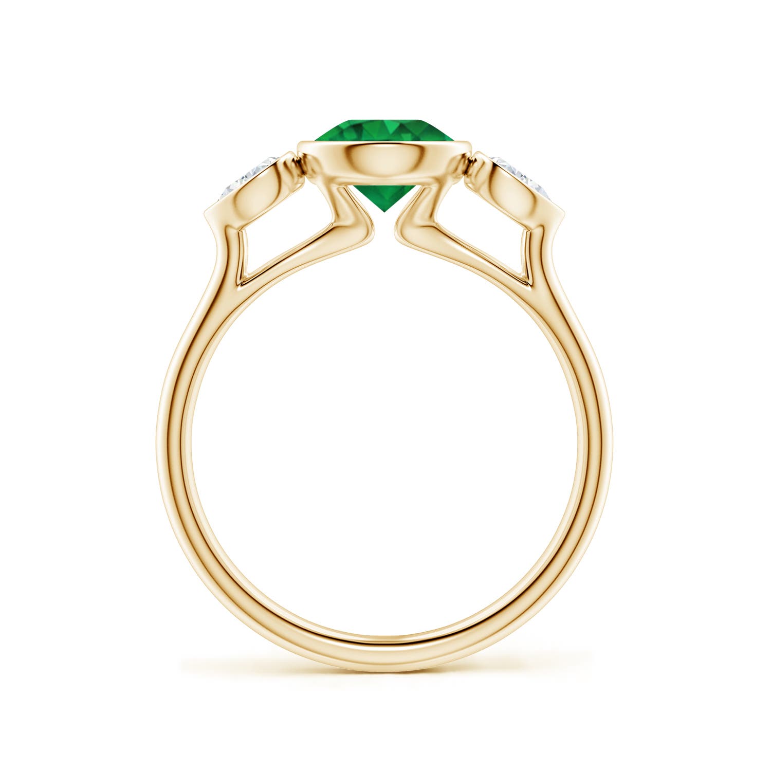 6.5mm AAA Bezel-Set Round Emerald and Pear Diamond Three-Stone Engagement Ring in Yellow Gold