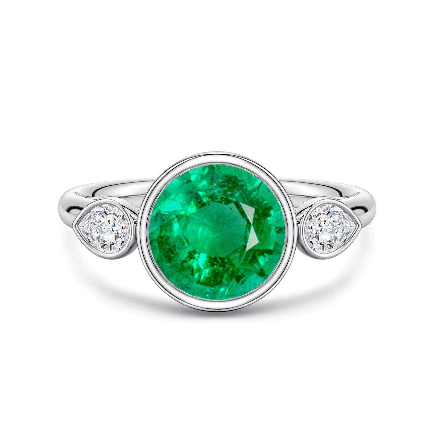 8mm AAA Bezel-Set Round Emerald and Pear Diamond Three-Stone Engagement Ring in 18CT White Gold