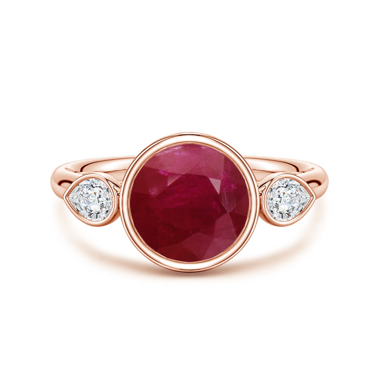 8mm A Bezel-Set Round Ruby and Pear Diamond Three-Stone Engagement Ring in 18CT Rose Gold