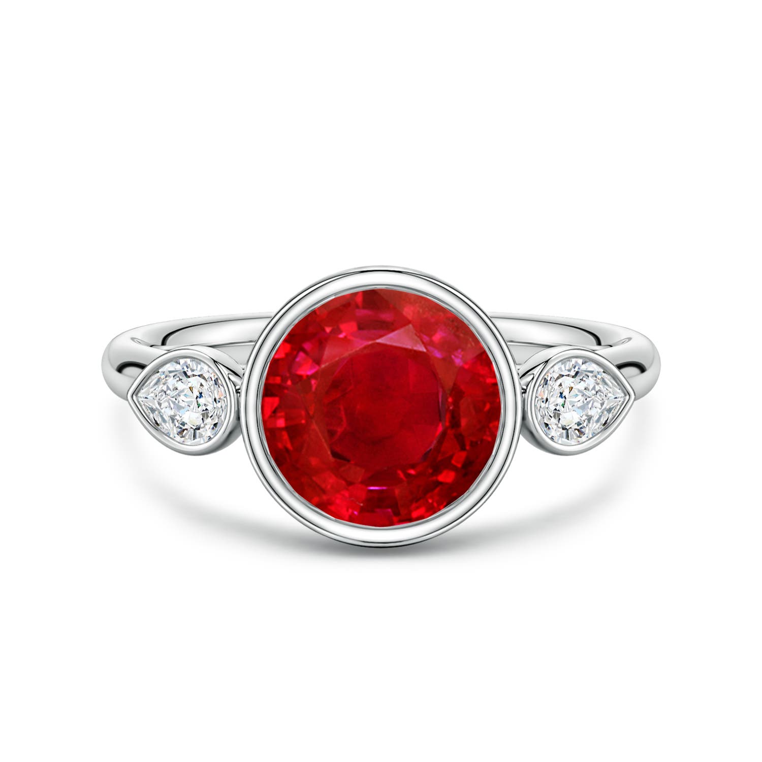 Bezel-Set Round Ruby and Pear Diamond Three-Stone Engagement Ring
