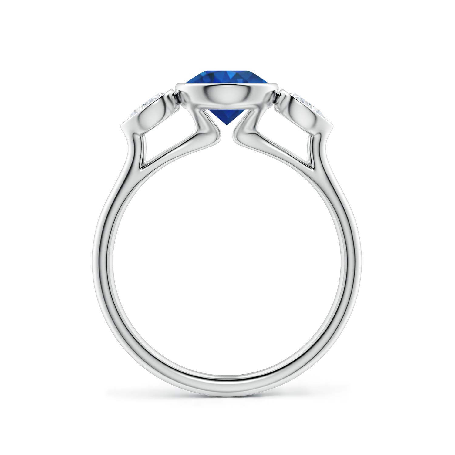 6.5mm AAA Bezel-Set Round Blue Sapphire and Pear Diamond Three-Stone Engagement Ring in White Gold