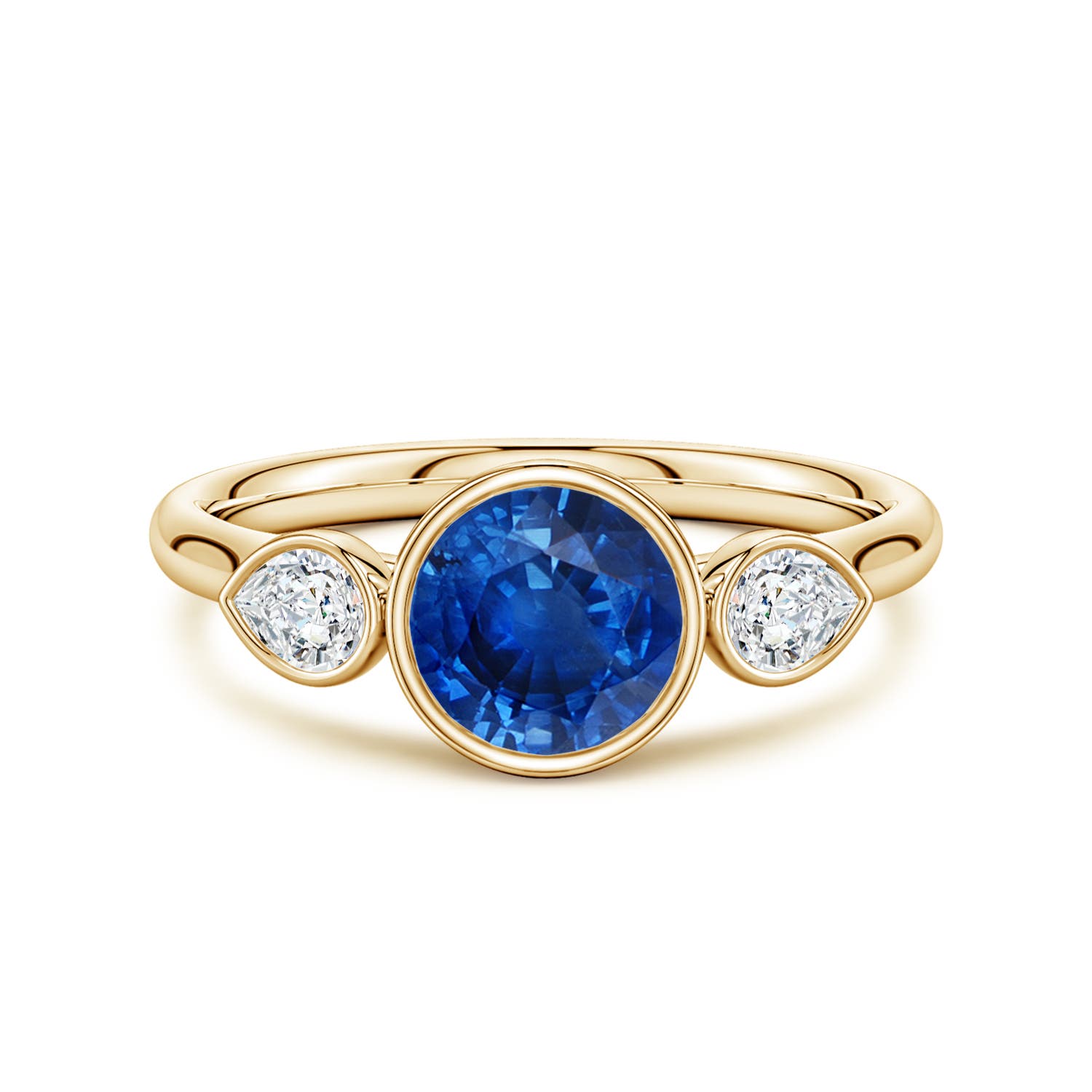6.5mm AAA Bezel-Set Round Blue Sapphire and Pear Diamond Three-Stone Engagement Ring in Yellow Gold