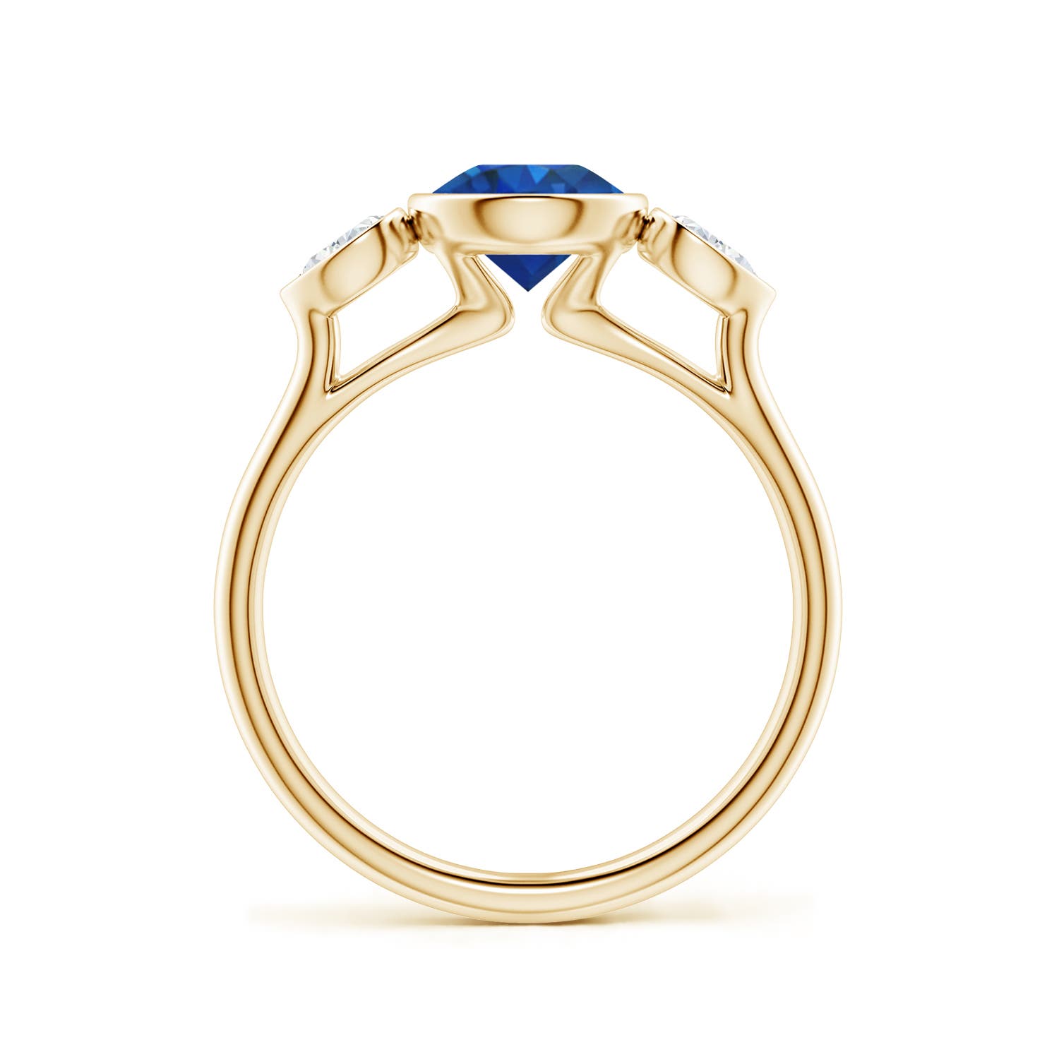 6.5mm AAA Bezel-Set Round Blue Sapphire and Pear Diamond Three-Stone Engagement Ring in Yellow Gold - side 2