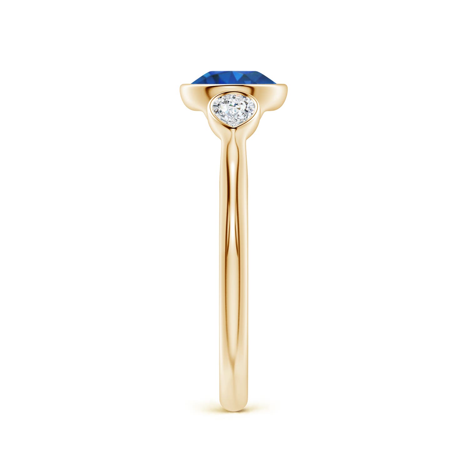 6.5mm AAA Bezel-Set Round Blue Sapphire and Pear Diamond Three-Stone Engagement Ring in Yellow Gold - side 3